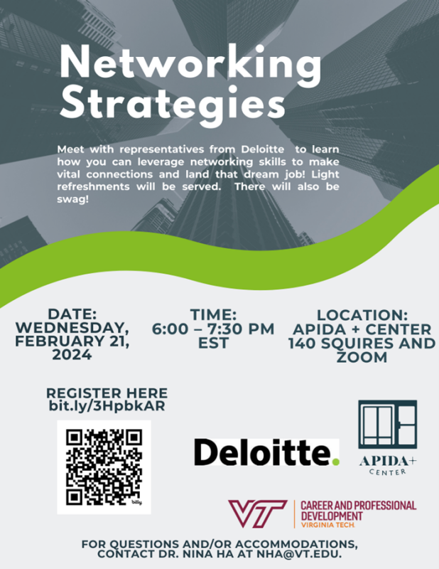 Networking Strategies Feb21 6pm Flyer for the APIDA Plus Center Event that reads Networking Strategies Feb 21 6pm