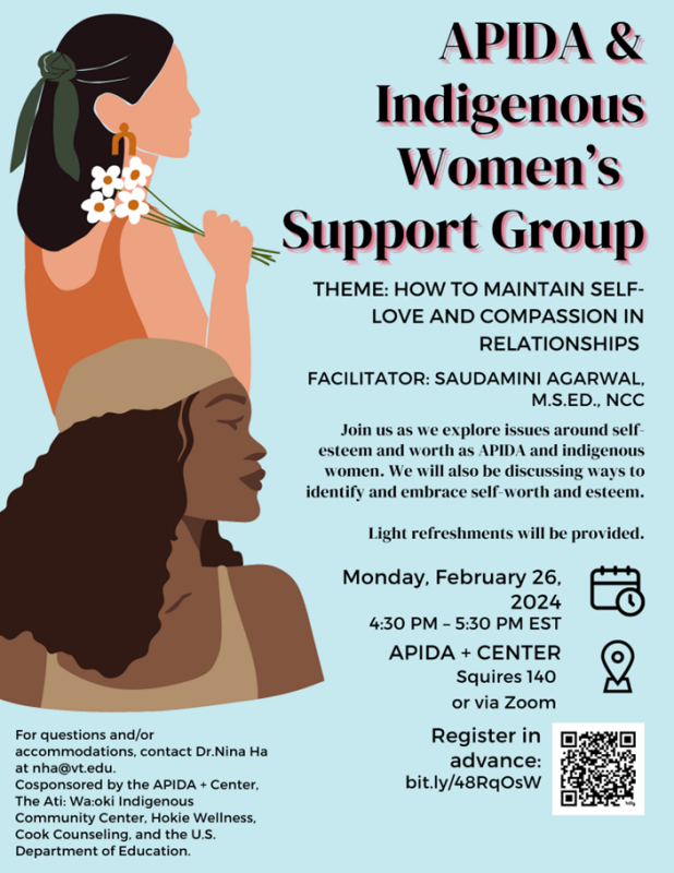 APIDA and Indigenous Womens Support Group February 26 from 4:30pm - 5:30pm APIDA and Indigenous Womens Support Group February 26 from 4:30pm - 5:30pm