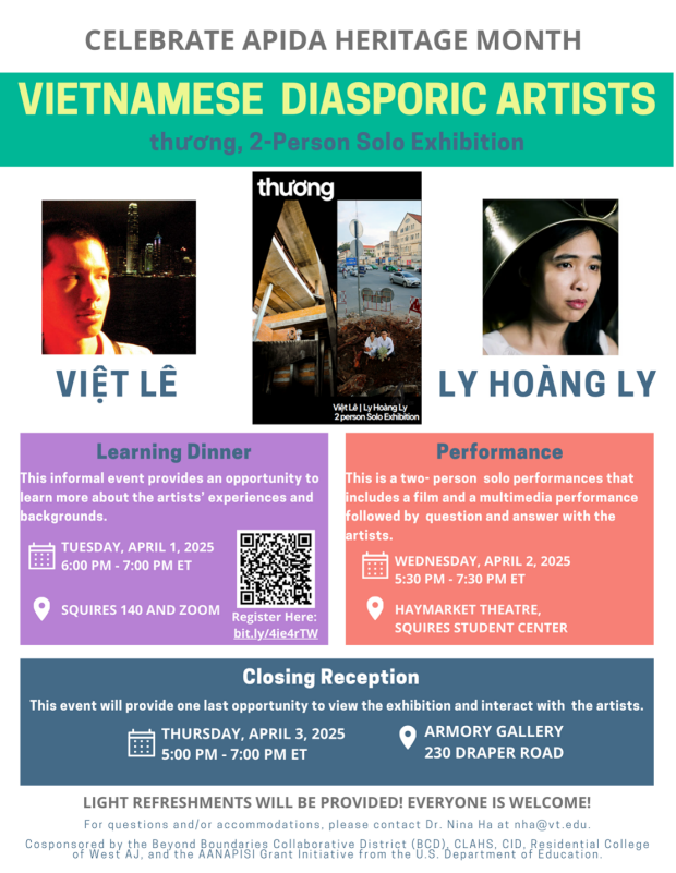 APIDA Heritage Month Celebrates: Learning Dinner with Artists in Residence, Viet Le and Ly Hoang Ly Flyer for APIDA Heritage Month Celebrates: Learning Dinner with Artists in Residence, Viet Le and Ly Hoang Ly - April 1