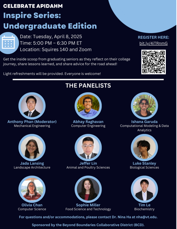 APIDA Heritage Month Presents: Inspire Series: Undergraduate Student Panel Flyer for APIDA Heritage Month Presents: Inspire Series: Undergraduate Student Panel - April 8