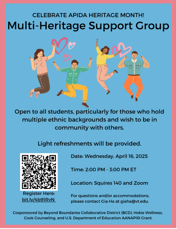 APIDA Heritage Month Celebrates: Multi-Heritage Support Group Flyer for APIDA Heritage Month Celebrates: Multi-Heritage Support Group - April 16