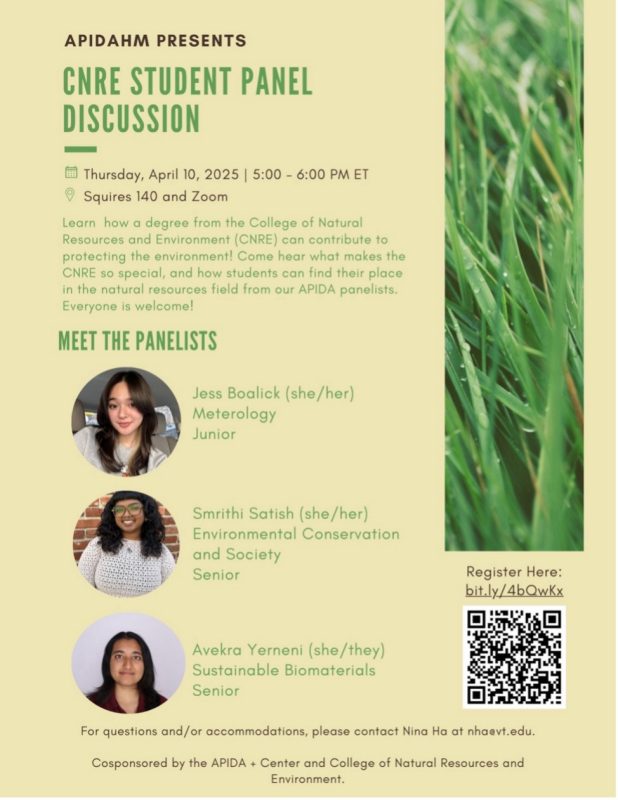 APIDA Heritage Month Celebrates: College of Natural Resources and Environment Student Panel Discussion Flyer for IAPIDA Heritage Month Celebrates: College of Natural Resources and Environment Student Panel Discussion - April 10