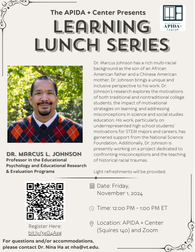 Learning Lunch Series - Marcus Johnson - November 1 Flyer with image of Dr. Marcus Johnson for learning lunch event on November 1.