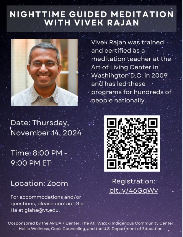 Night-time Guided Meditation with Vivek Rajan - November 14 Flyer for Night-time Guided Meditation with Vivek Rajan - November 14