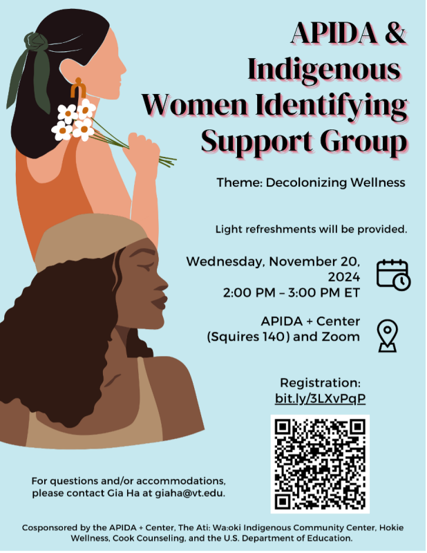APIDA and Indigenous Women Identifying Support Group - November 20 Flyer for APIDA and Indigenous Women Identifying Support Group - November 20