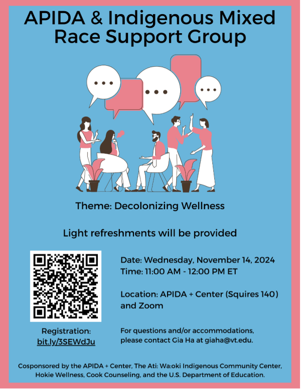 APIDA and Indigenous Mixed Race Support Group - November 14 Flyer for APIDA and Indigenous Mixed Race Support Group - November 14