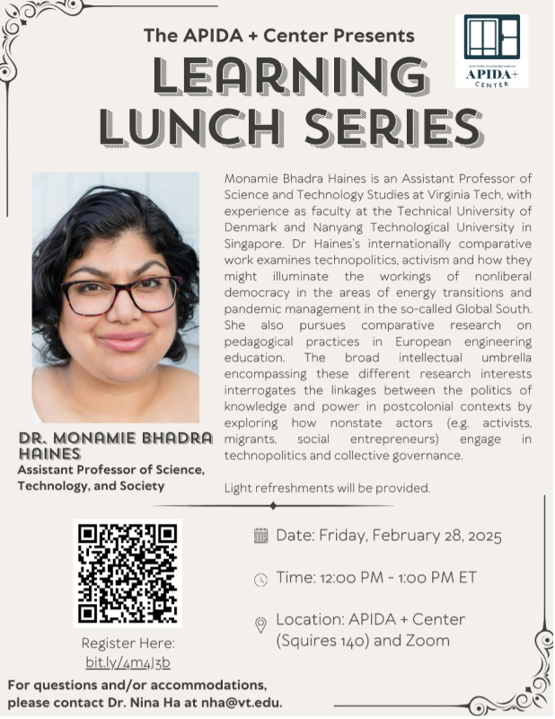 Learning Lunch featuring Dr Monamie Bhadra Haines Flyer for Learning Lunch featuring Dr Monamie Bhadra Haines - February 28