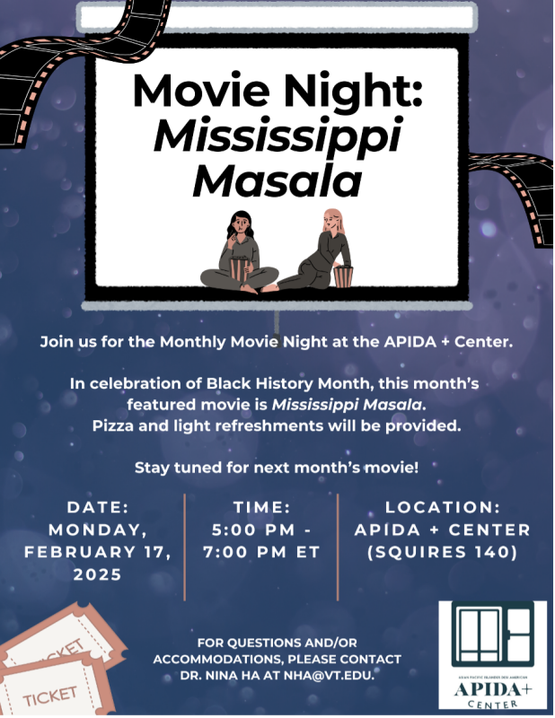 Movie Night at the APIDA + Center featuring Mississippi Masala Flyer for Movie Night at the APIDA + Center featuring Mississippi Masala - February 17