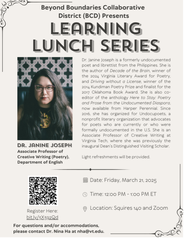 Learning Lunch featuring Dr. Janine Joseph Flyer for Learning Lunch featuring Dr. Janine Joseph - March 21