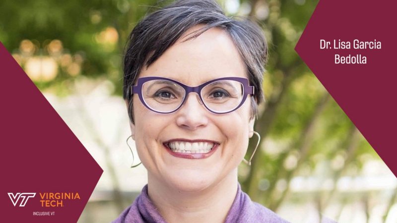 Advancing InclusiveVT 2025 Keynote speaker, Dr. Lisa Garcia Bedolla Dr. Lisa Garcia Bedolla smiles wearing glasses with a low cut hairstyle, stylish purple frames on her glasses that match her shirt, and heart shaped hoop ear rings. She is the 2025 Keynote speaker at Virginia Tech's Advancing Diversity Gathering